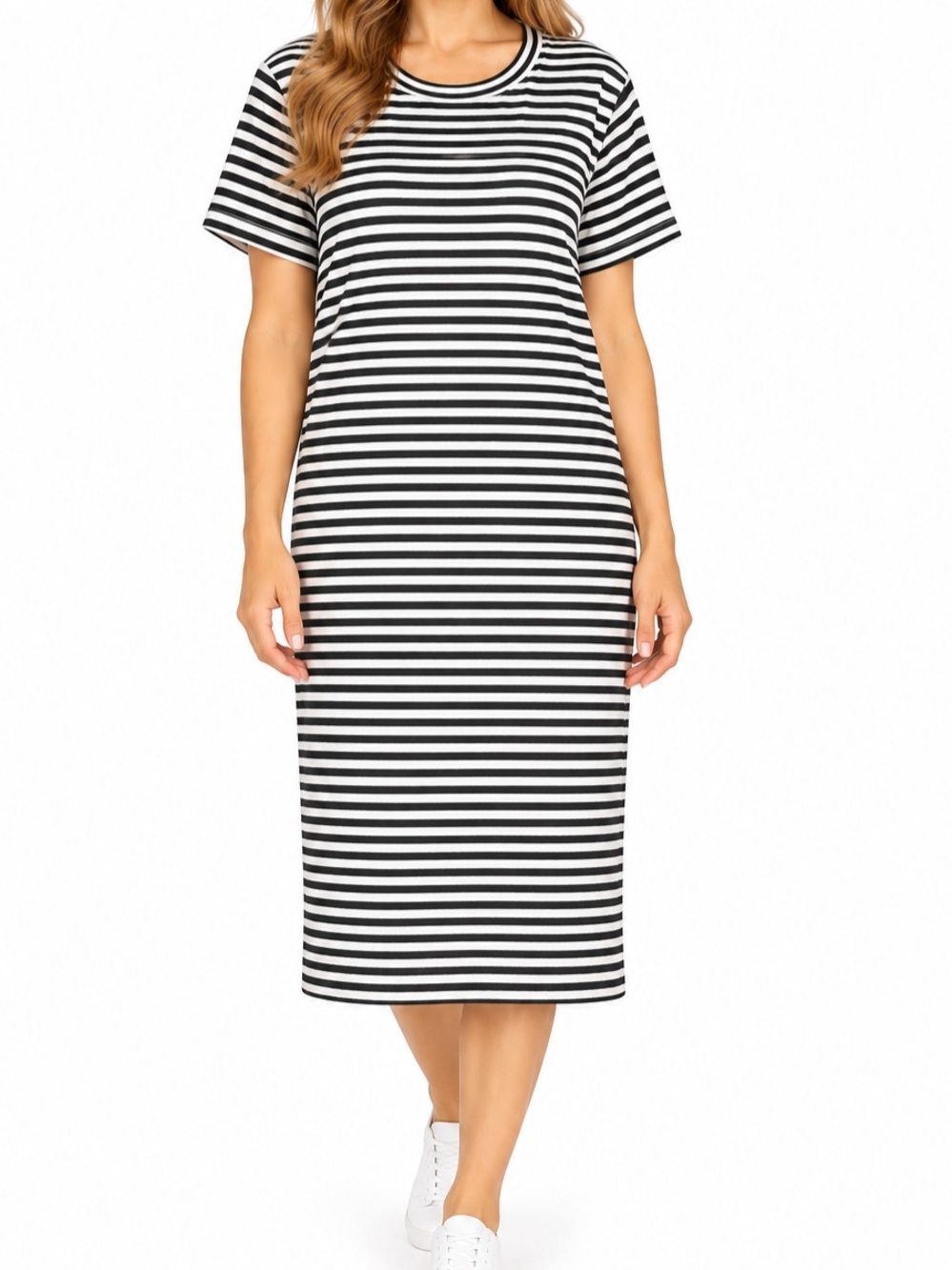 Classic Black & White Striped Midi Dress NWT